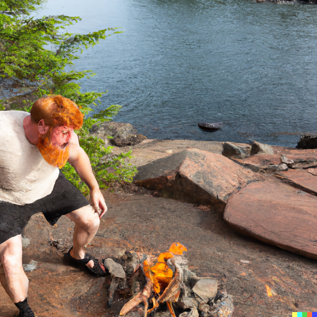 Dall·e 2023 03 13 07.35.50 Make A Photo Of A Crazed Man With Red Short Cropped Hair And White Beard Lost In The Wilderness Trying To Make A Fire Along A Rocky Shore Line In Bou