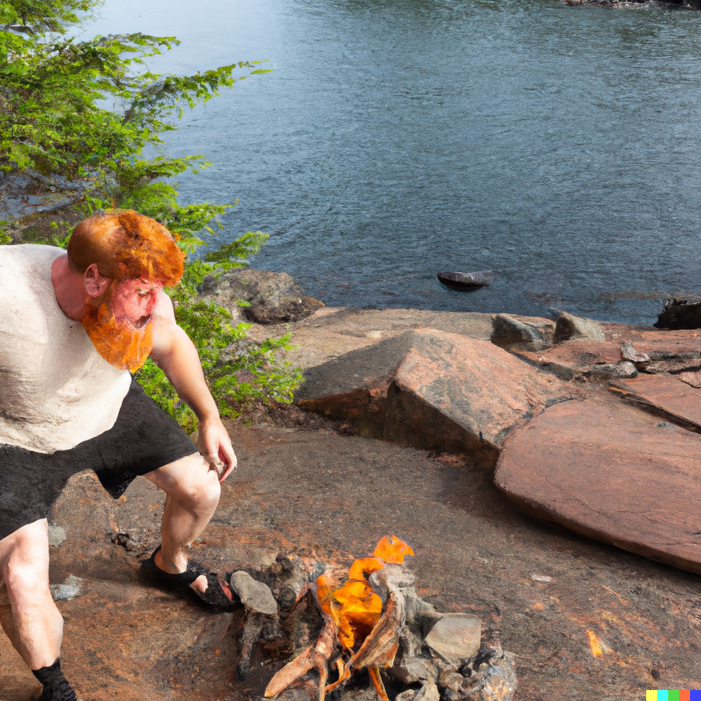 DALL·E 2023 03 13 07.35.50 Make a photo of a crazed man with red short cropped hair and white beard lost in the wilderness trying to make a fire along a rocky shore line in Bou