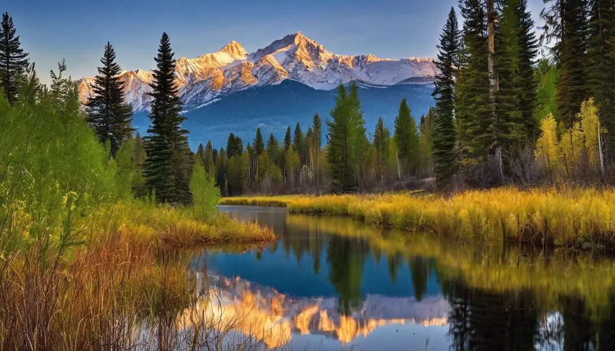 A Breathtaking View Of The Flathead National Forest, With Towering Trees And Snow-Capped Mountains In The Background