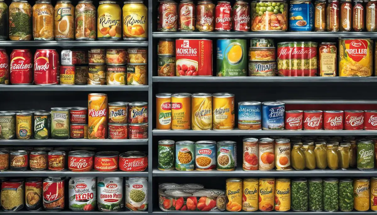 A Variety Of Canned Foods Neatly Arranged On A Shelf