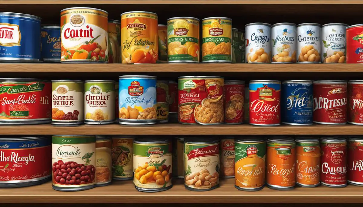 Image Of Various Canned Food Items Lined Up On A Shelf.