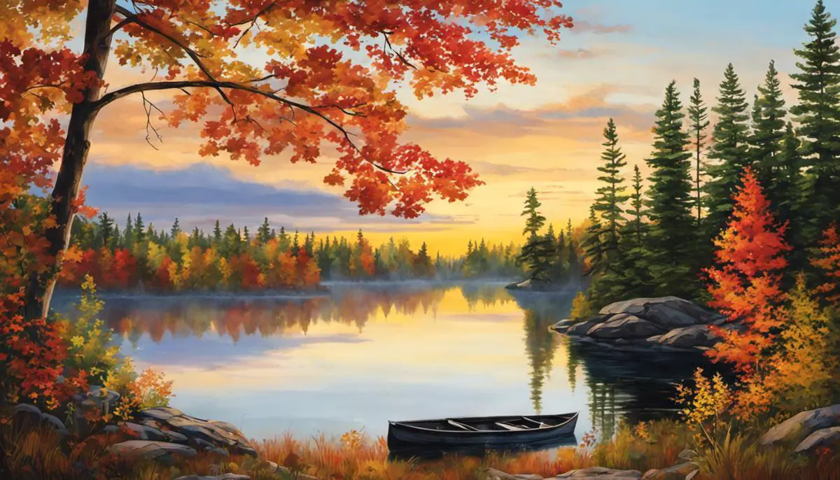 A serene image of the Boundary Waters, showing a calm lake surrounded by colorful trees during autumn