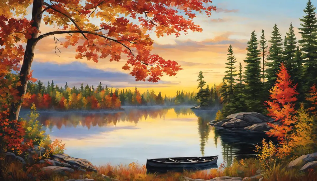 A Serene Image Of The Boundary Waters, Showing A Calm Lake Surrounded By Colorful Trees During Autumn