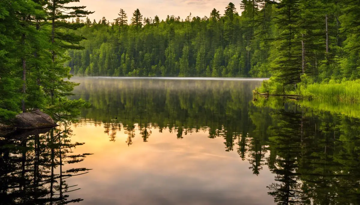 A serene lake surrounded by lush green trees to explore the Boundary Waters Canoe Area Wilderness during summer.